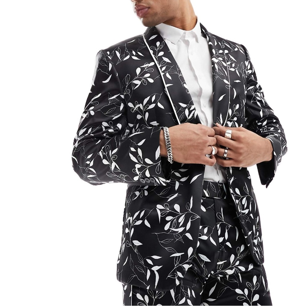 Stylish Black and White Floral Suit Jacket